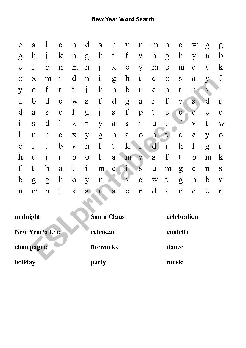 New Year Word Search worksheet