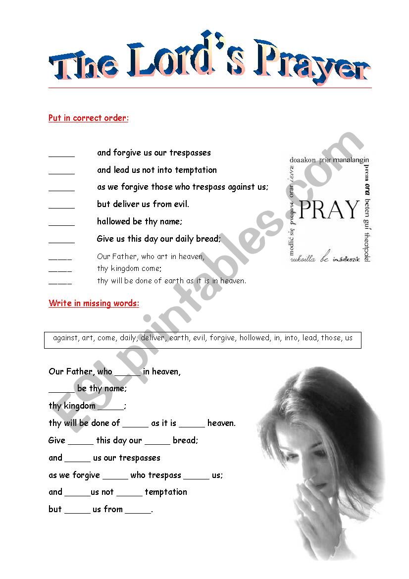 The Lord´s Prayer Esl Worksheet By Pawag