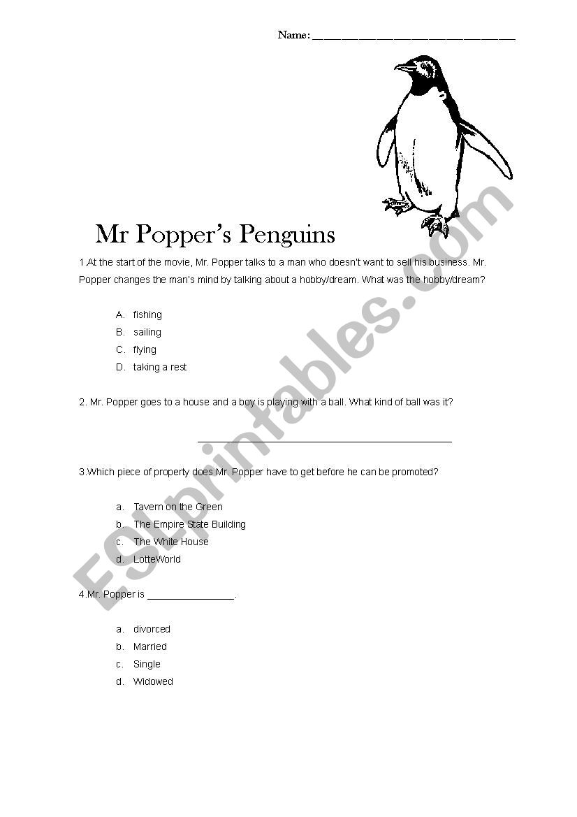 Mr. Popper´s Penguins (questions) - ESL worksheet by shacurington