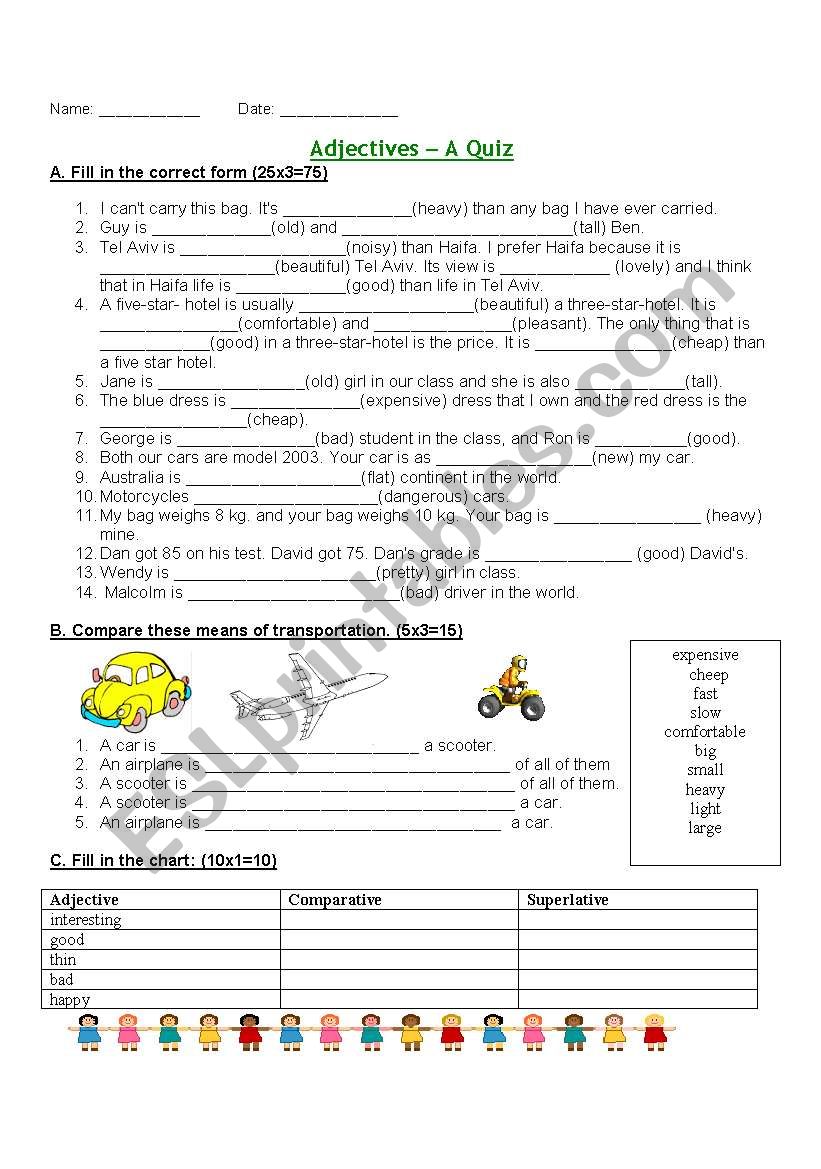 Adjectives Comparative superlative QUIZ ESL Worksheet By Gilorit