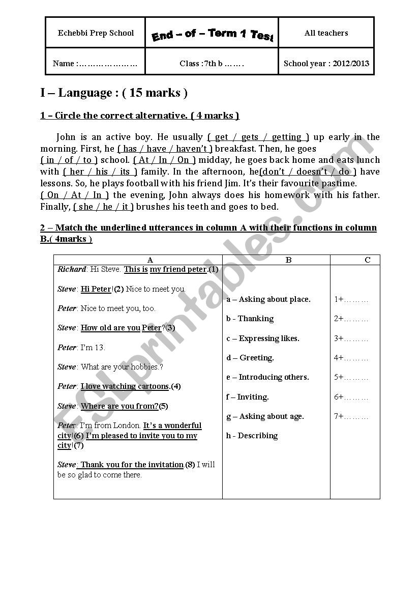 MID TERM TEST 1 7th FORM 2012 worksheet