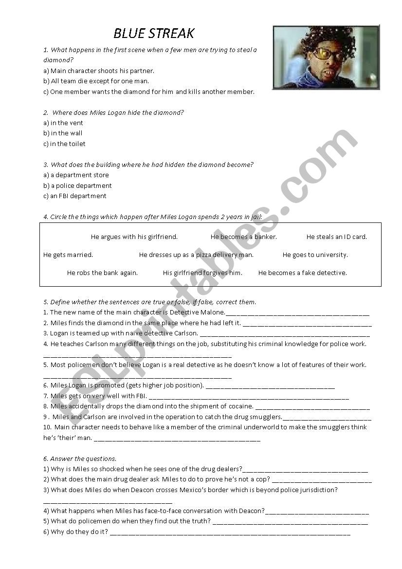 Blue Streak assignment worksheet