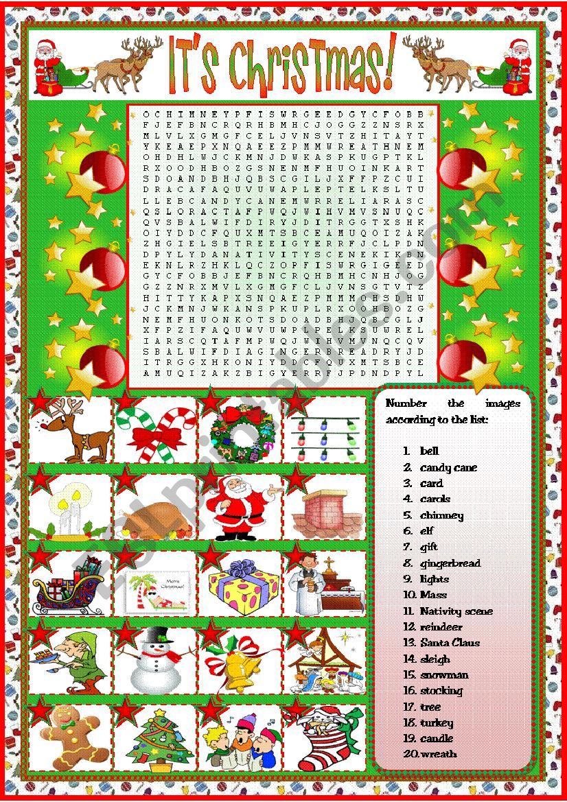 Christmas Wordsearch + teacher´s handout with keys - ESL worksheet by