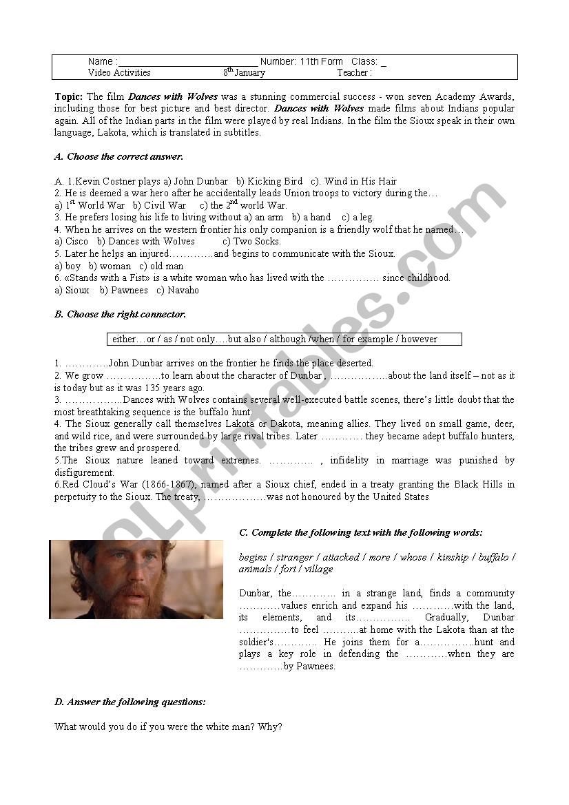 The film« Dances with Wolves» - ESL worksheet by maamendonca