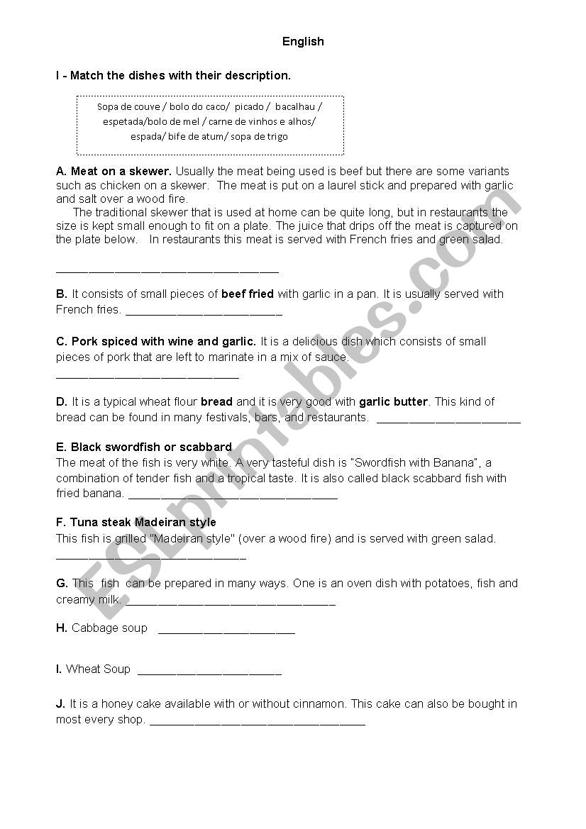 Famous dishes worksheet