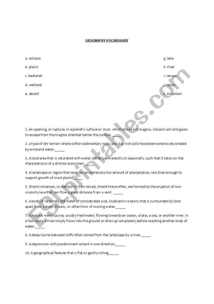 Geographic Vocab worksheet