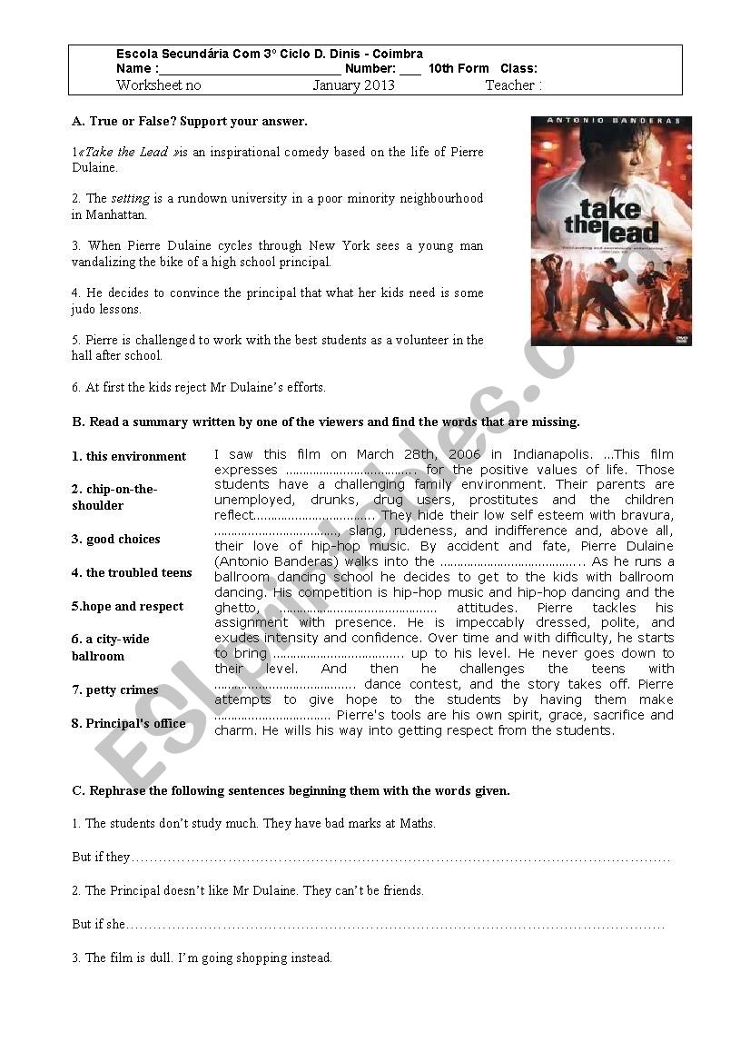 The film Take the Lead worksheet