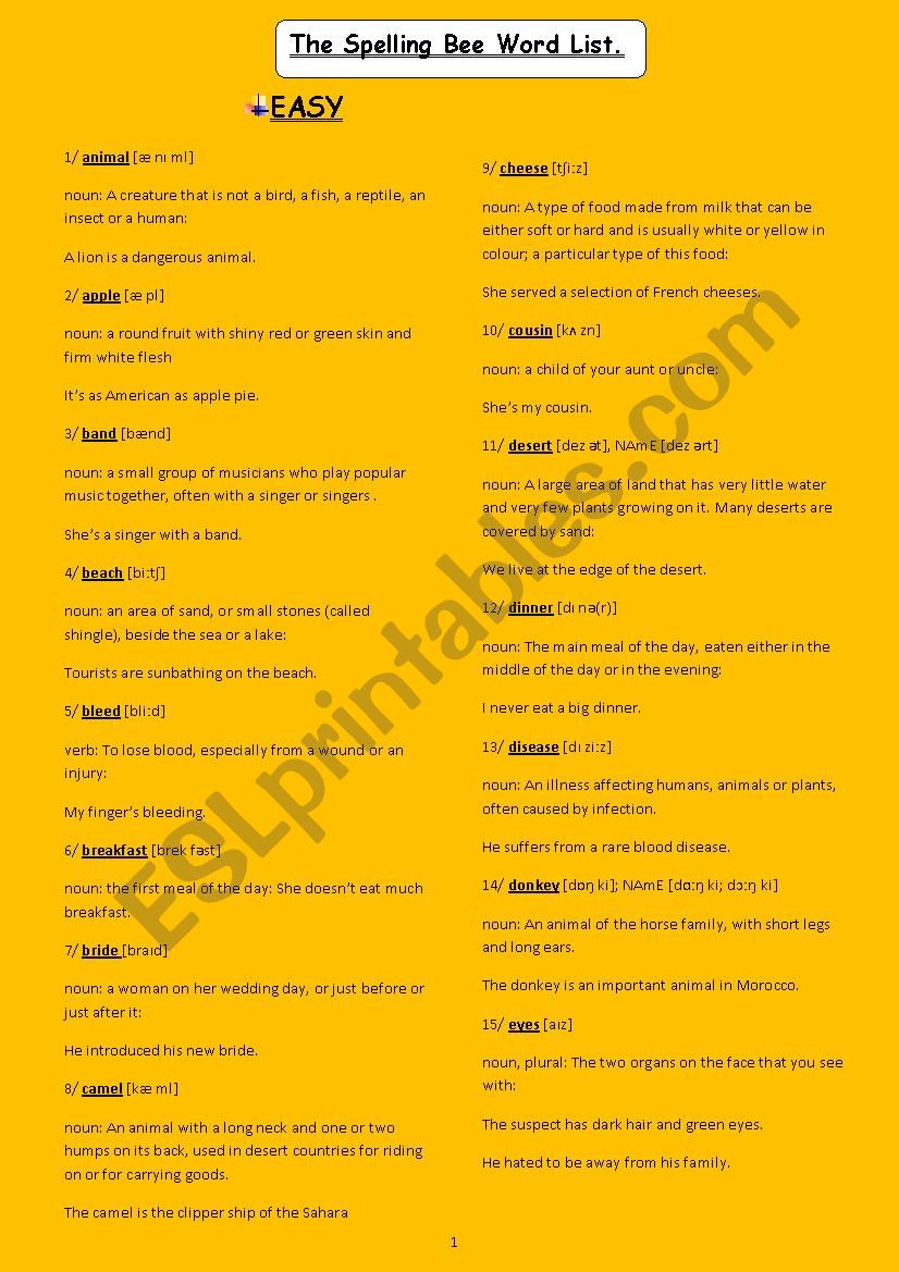 spelling bee word list ESL worksheet by abouazza