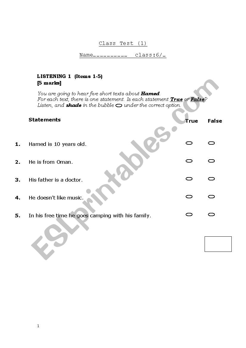 class test worksheet