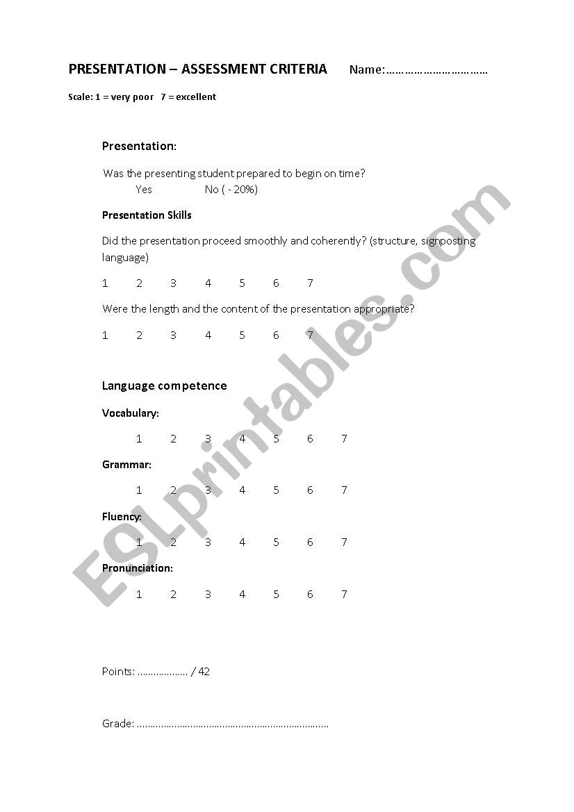 Presentation - ASSESSMENT worksheet