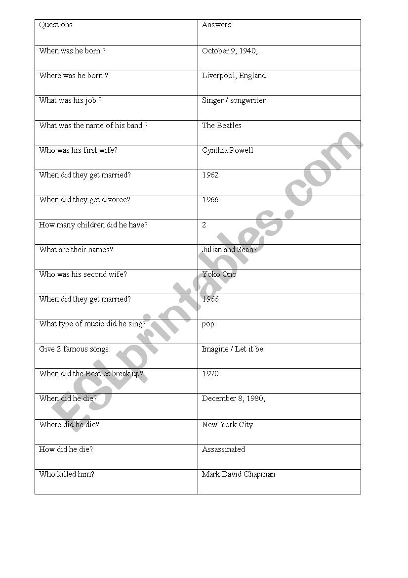 John Lennon´s biography - ESL worksheet by elainev