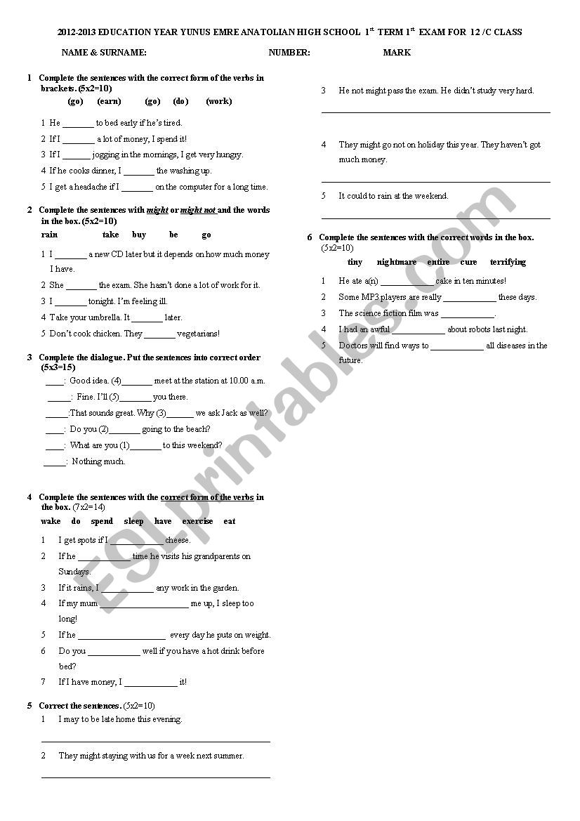 exam worksheet