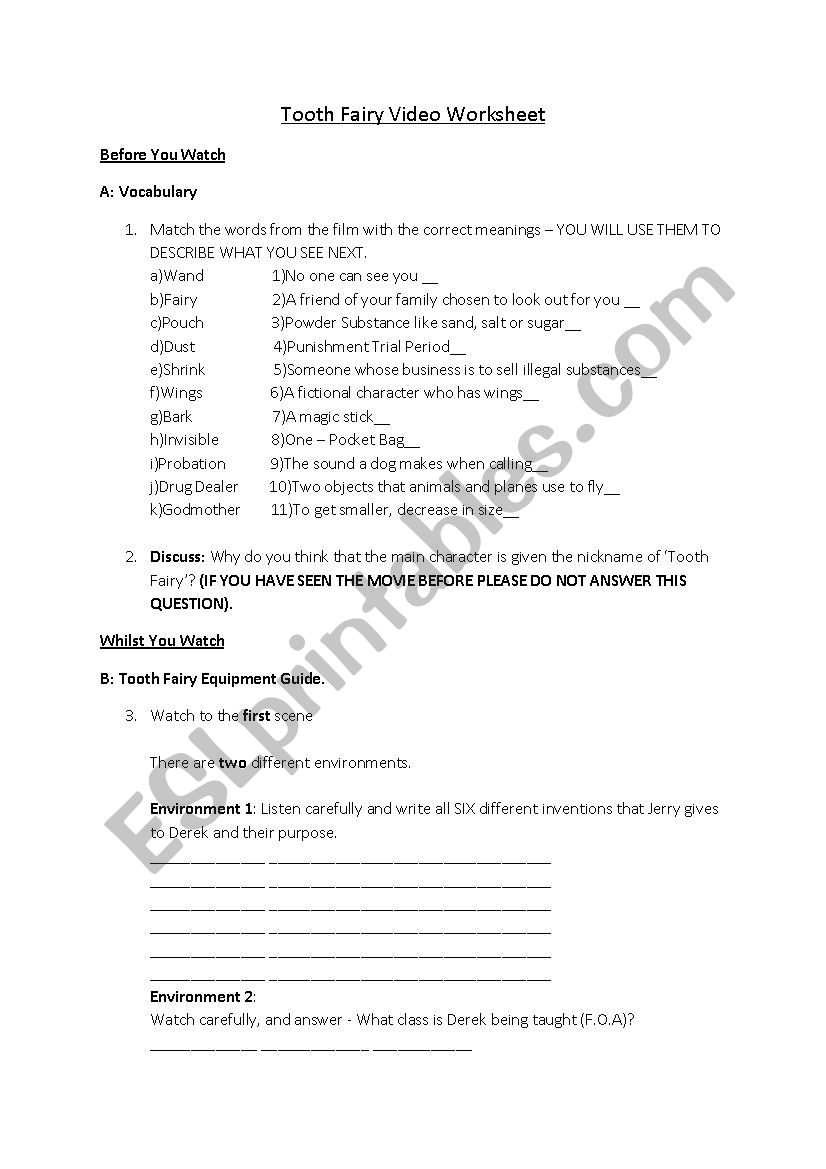 Tooth Fairy Movie Worksheet worksheet