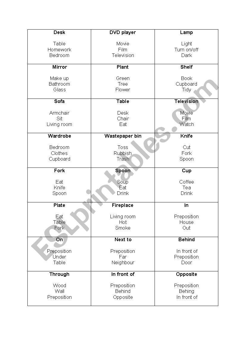 Taboo - parts of a house worksheet