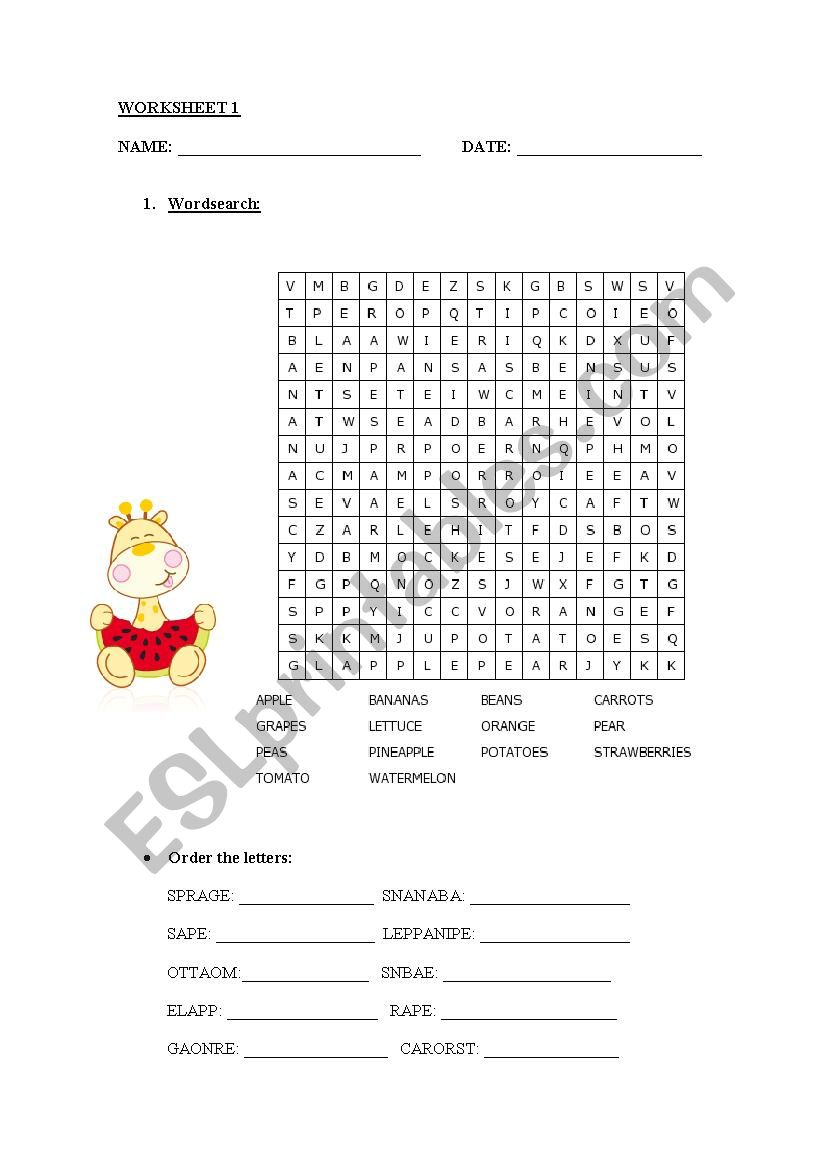 FRUIT AND VEGETABLES worksheet