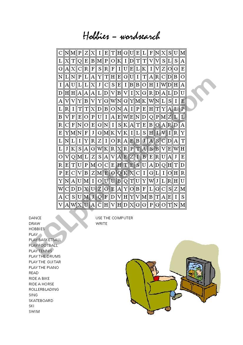 Hobbies wordsearch worksheet