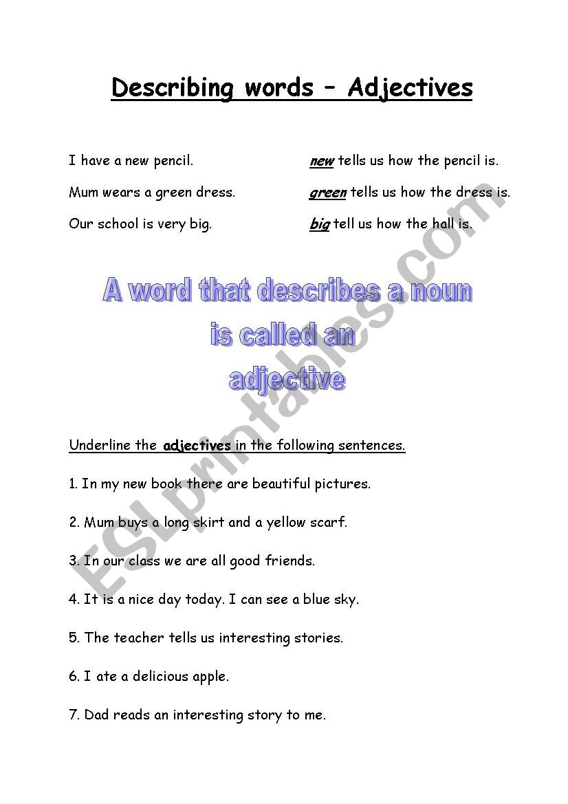 Describing Words Worksheet For Grade 1