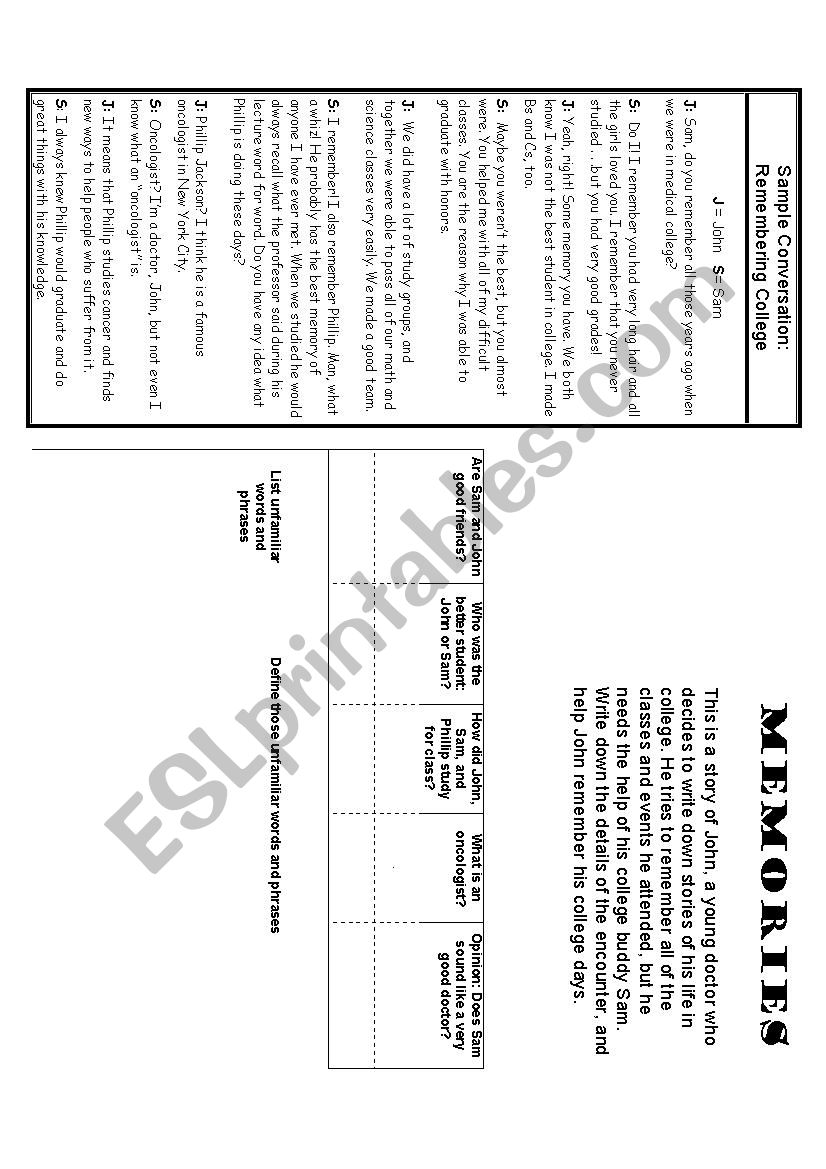 Medical School Memories worksheet