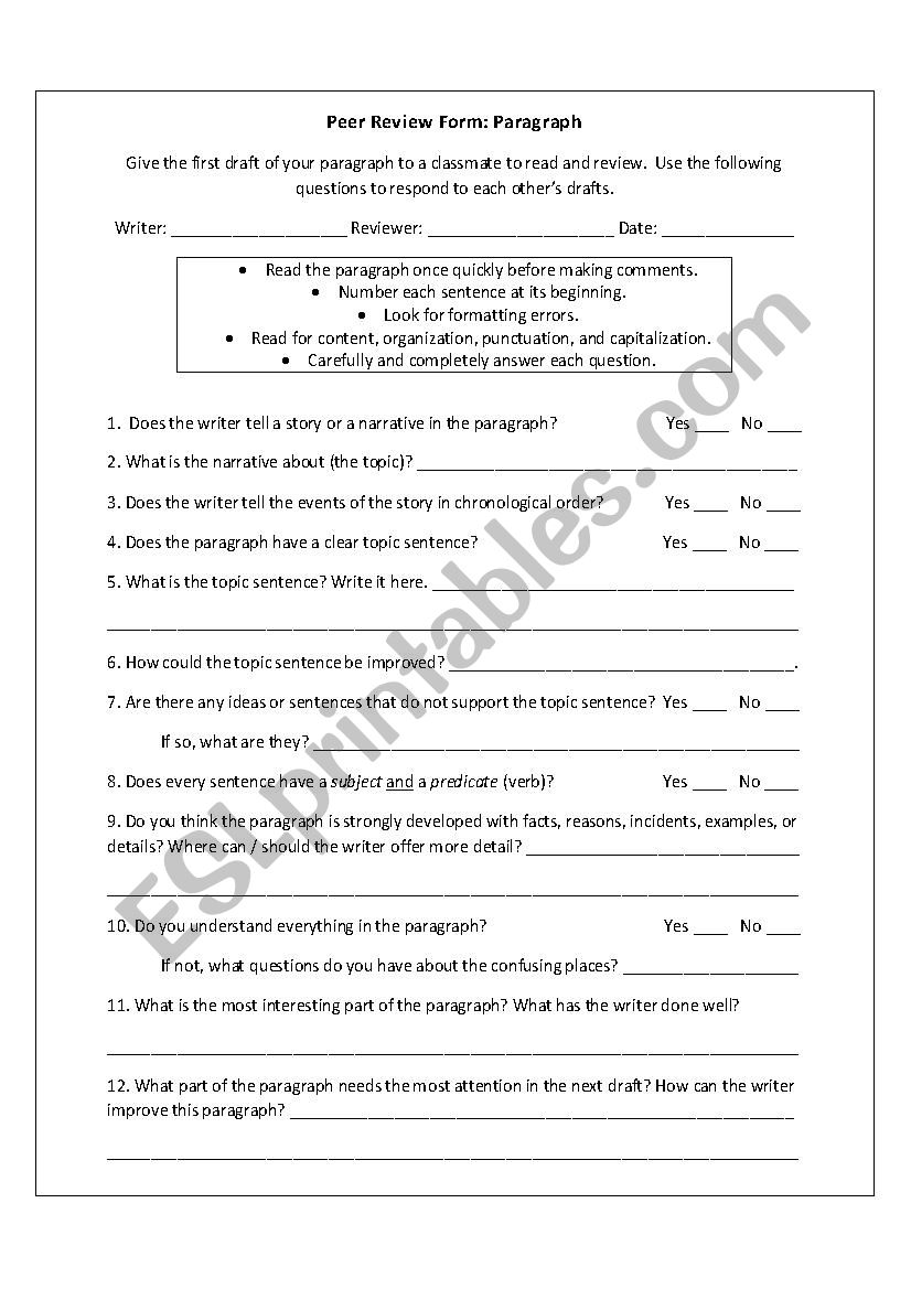 Peer Review Form: Paragraph  worksheet