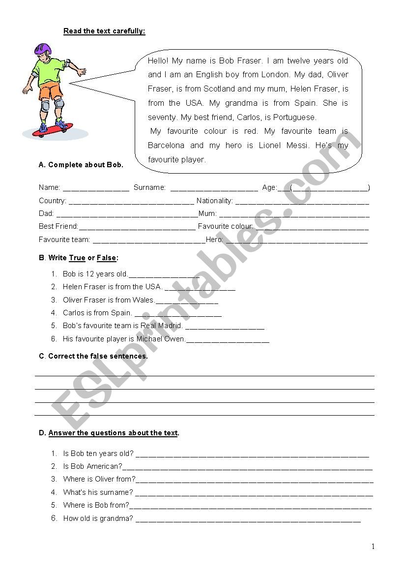 Reading comprehension worksheet