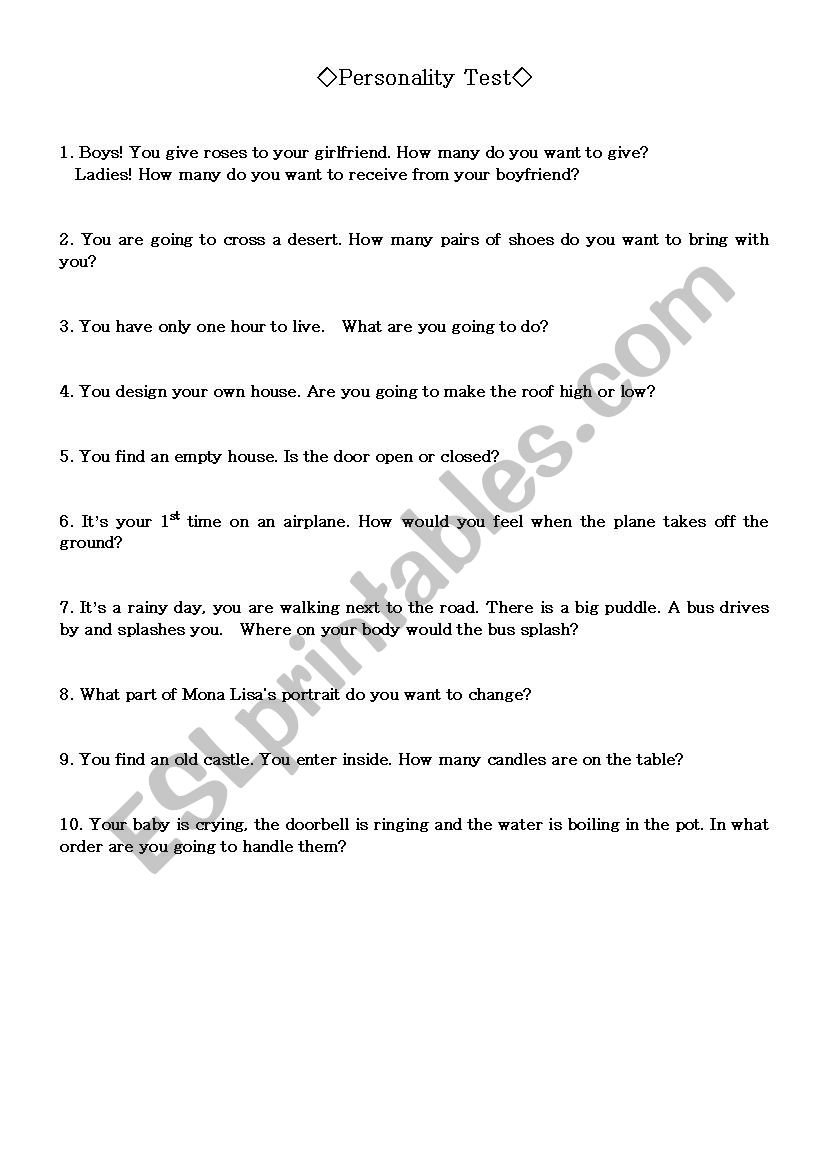 Personality Test worksheet