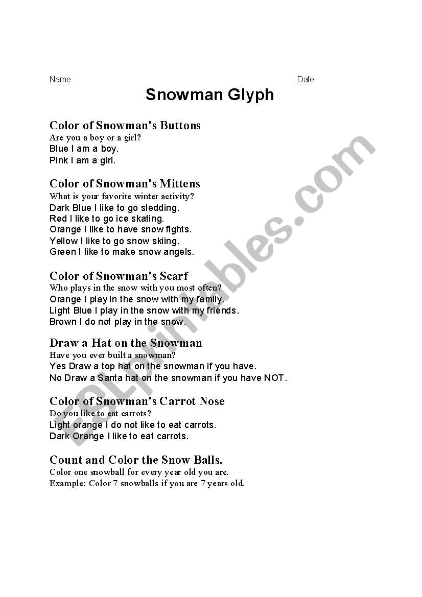 Snowman Glyph worksheet