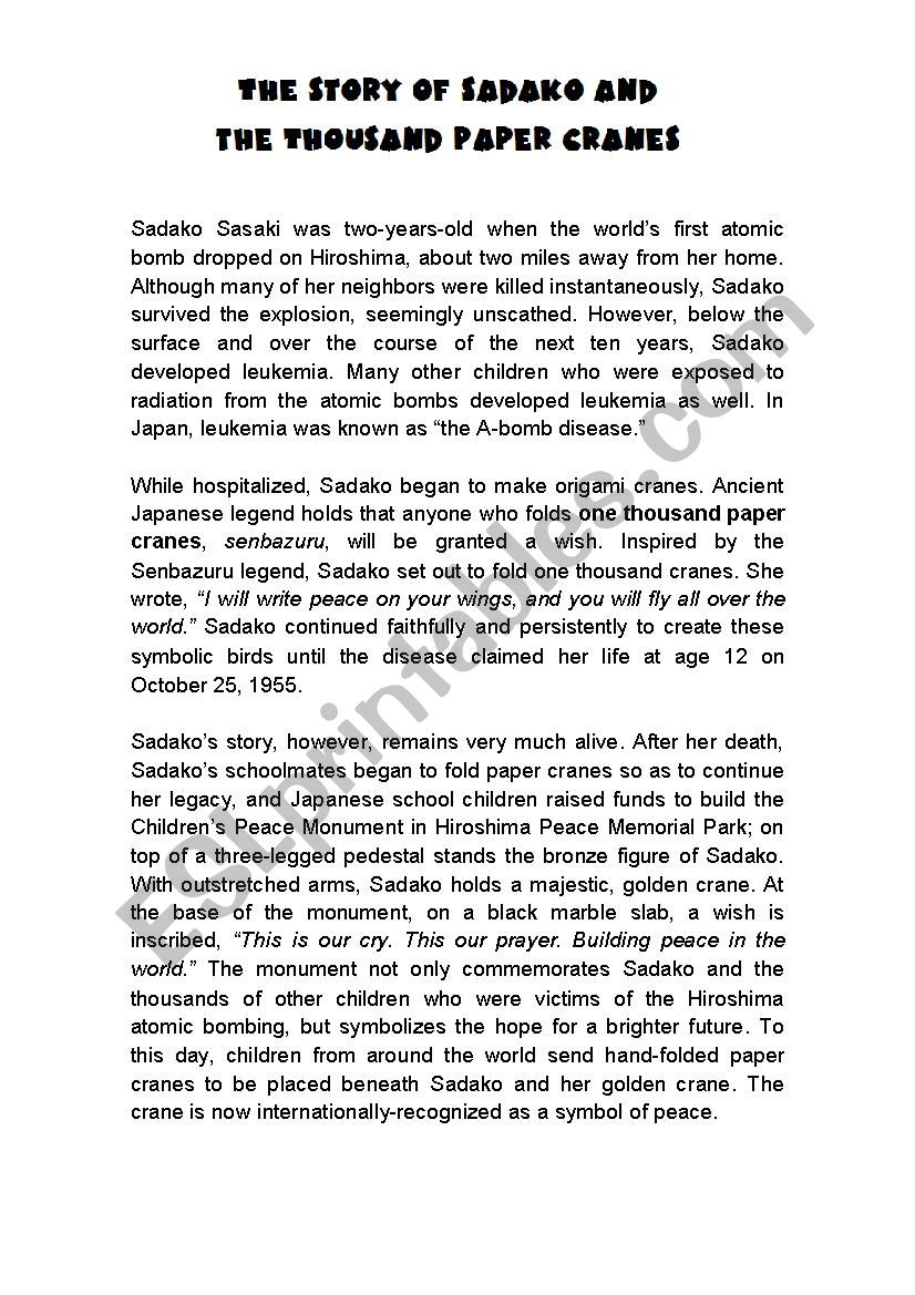 Sadako The Thousand Paper Cranes Esl Worksheet By Mercemel