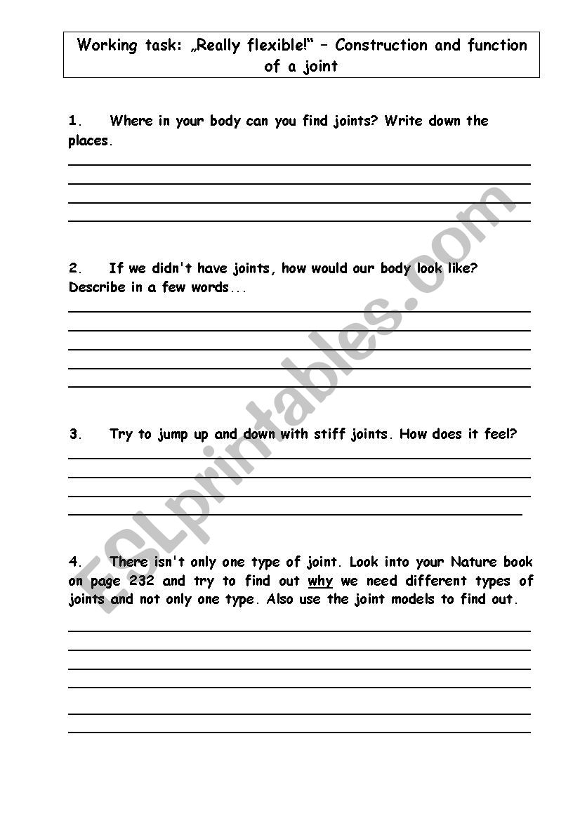 Working tasks on joints worksheet