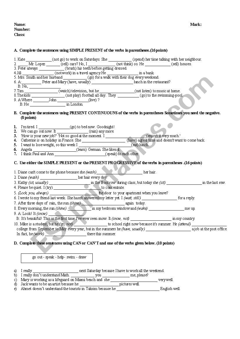 exam in elementary level worksheet