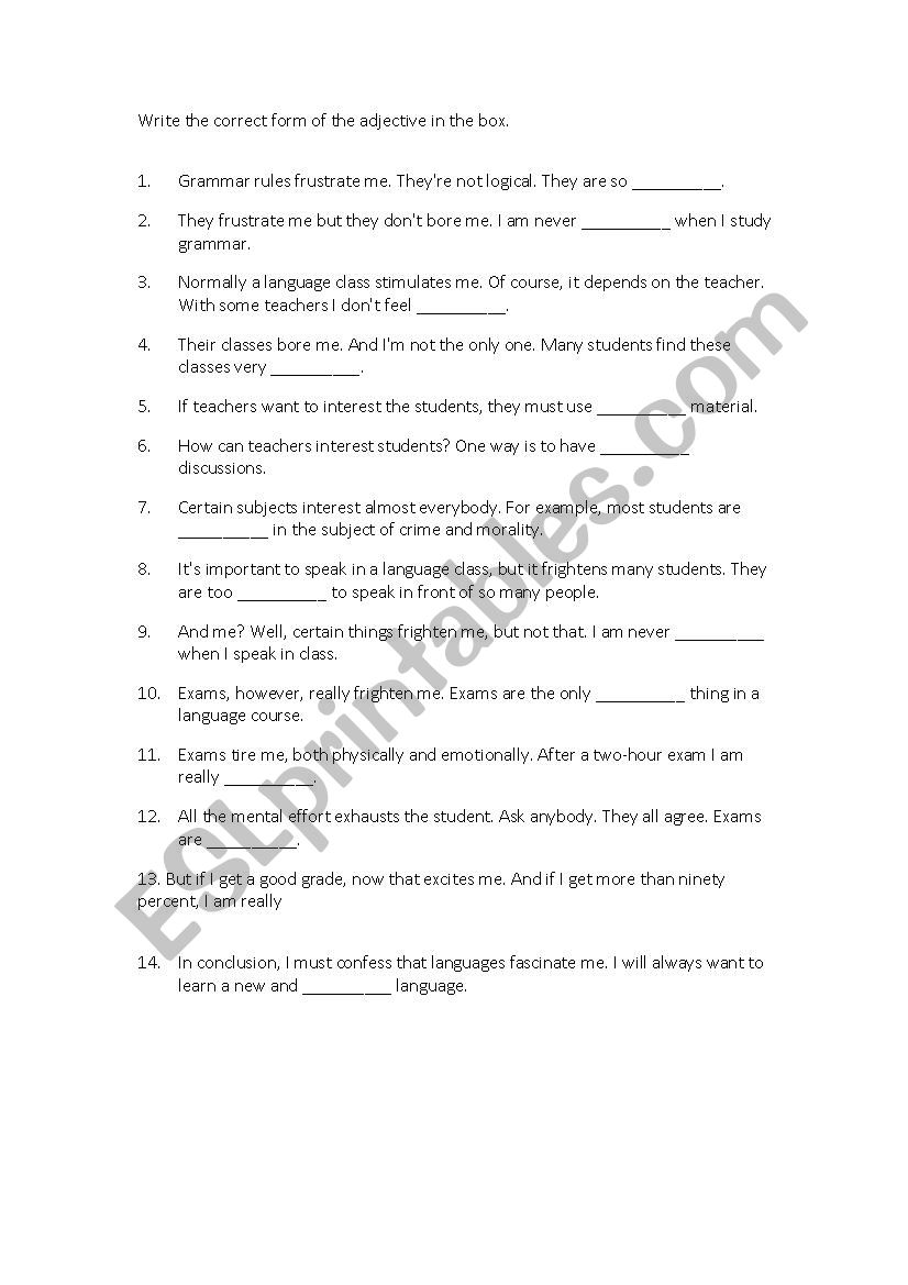 ing and ed ajectives worksheet