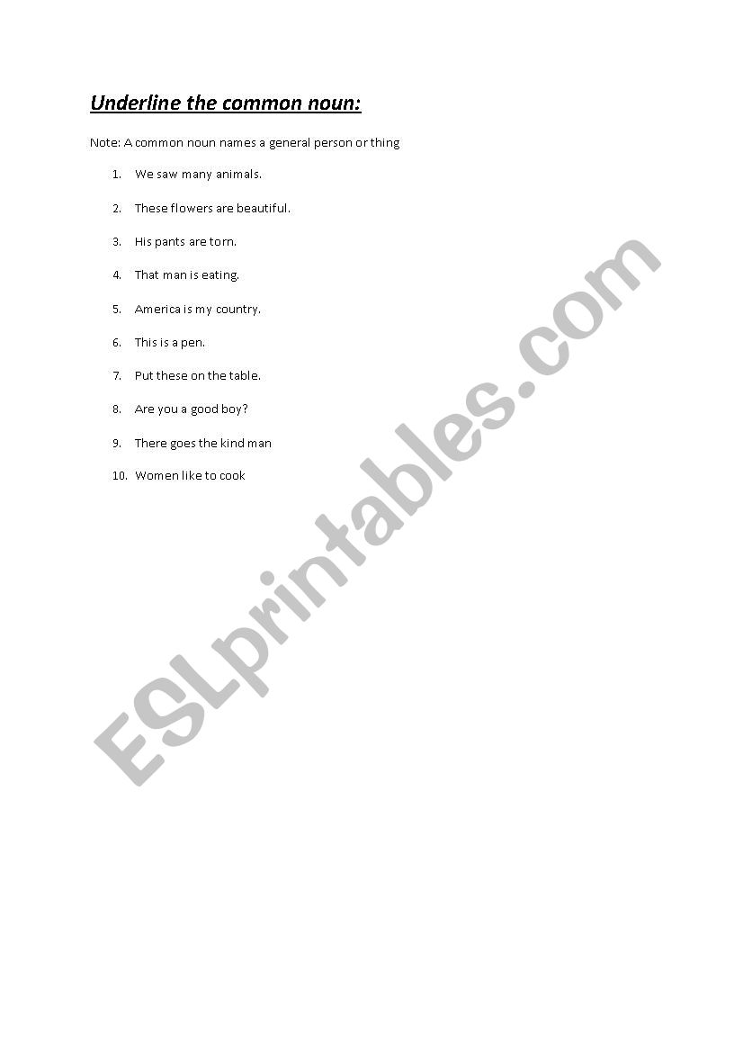 Common Noun worksheet