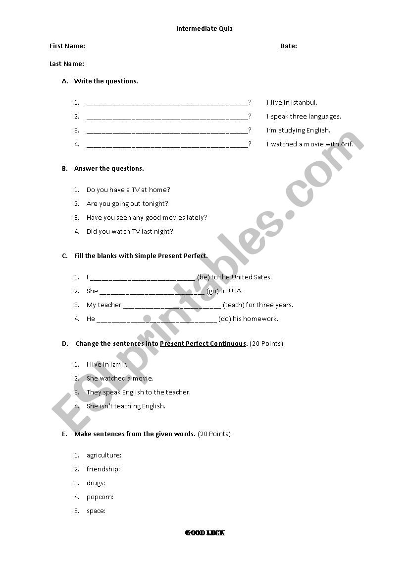 Intermediate level Quiz worksheet