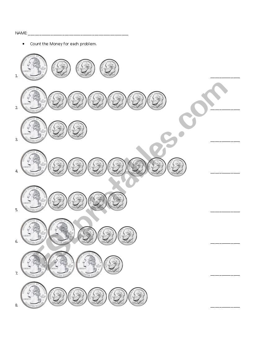 Money Quarters and Dimes worksheet
