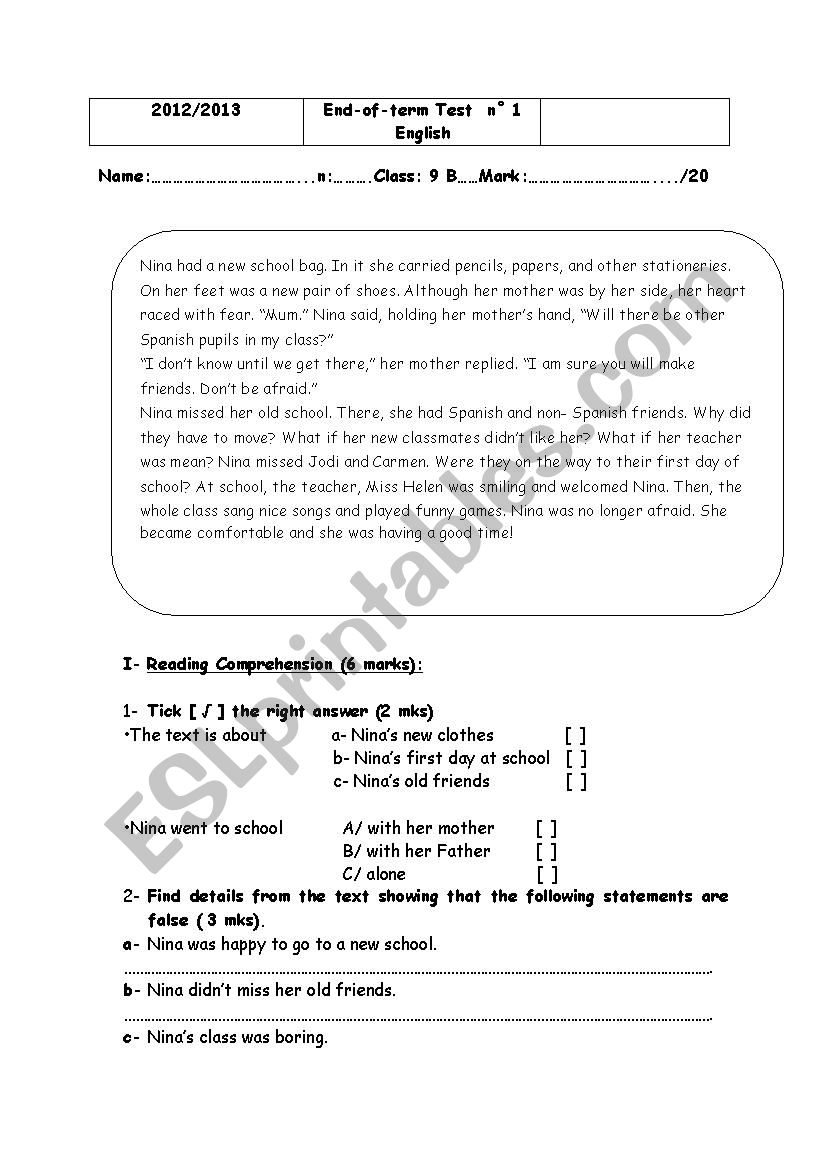 End of term test n°1: 9th form (Tunisia) - ESL worksheet by botolo