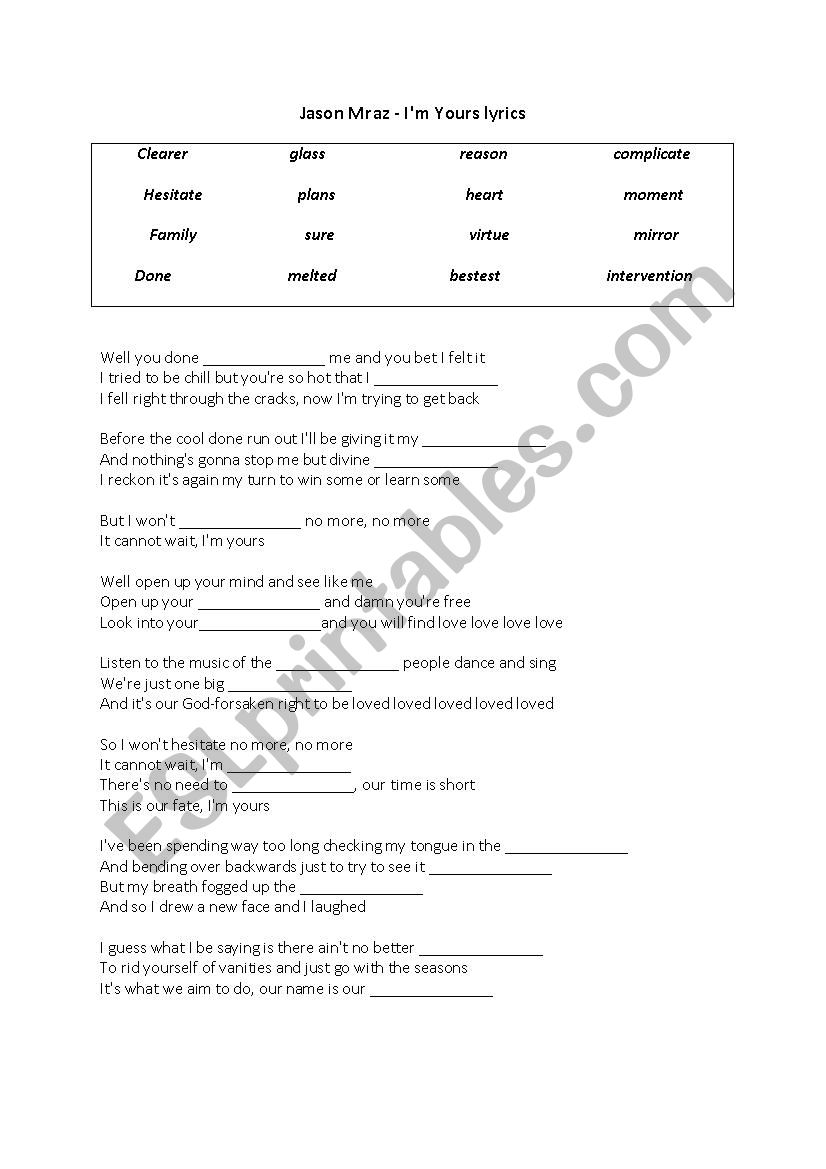 Im Yours by Jason Mraz worksheet