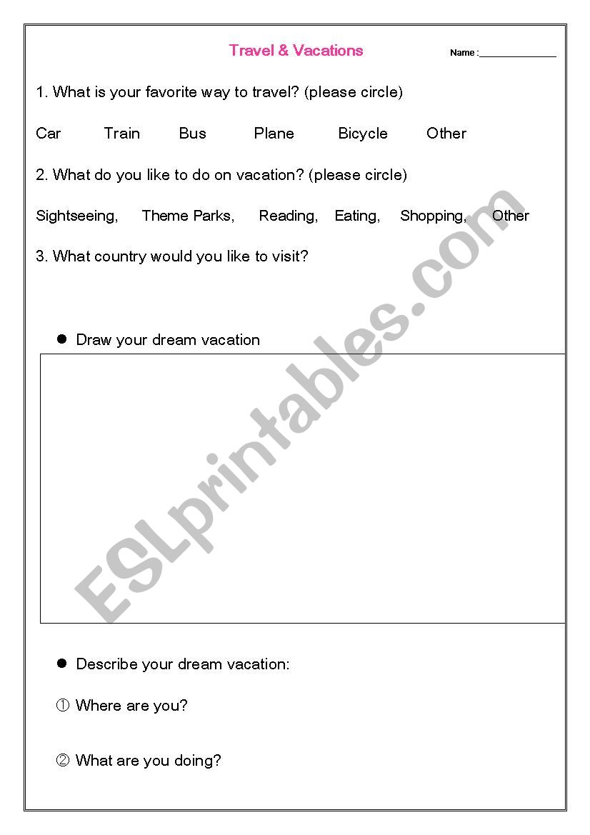 Travel & Vacations            worksheet