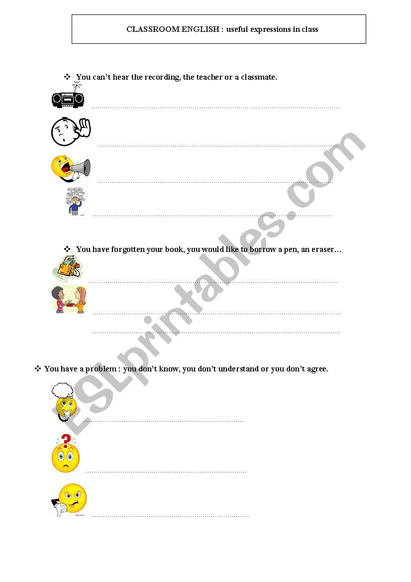 Classroom English: useful expressions - ESL worksheet by Miss-sunshine
