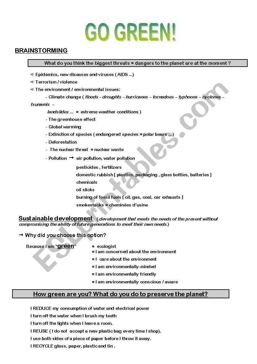 Go green worksheet