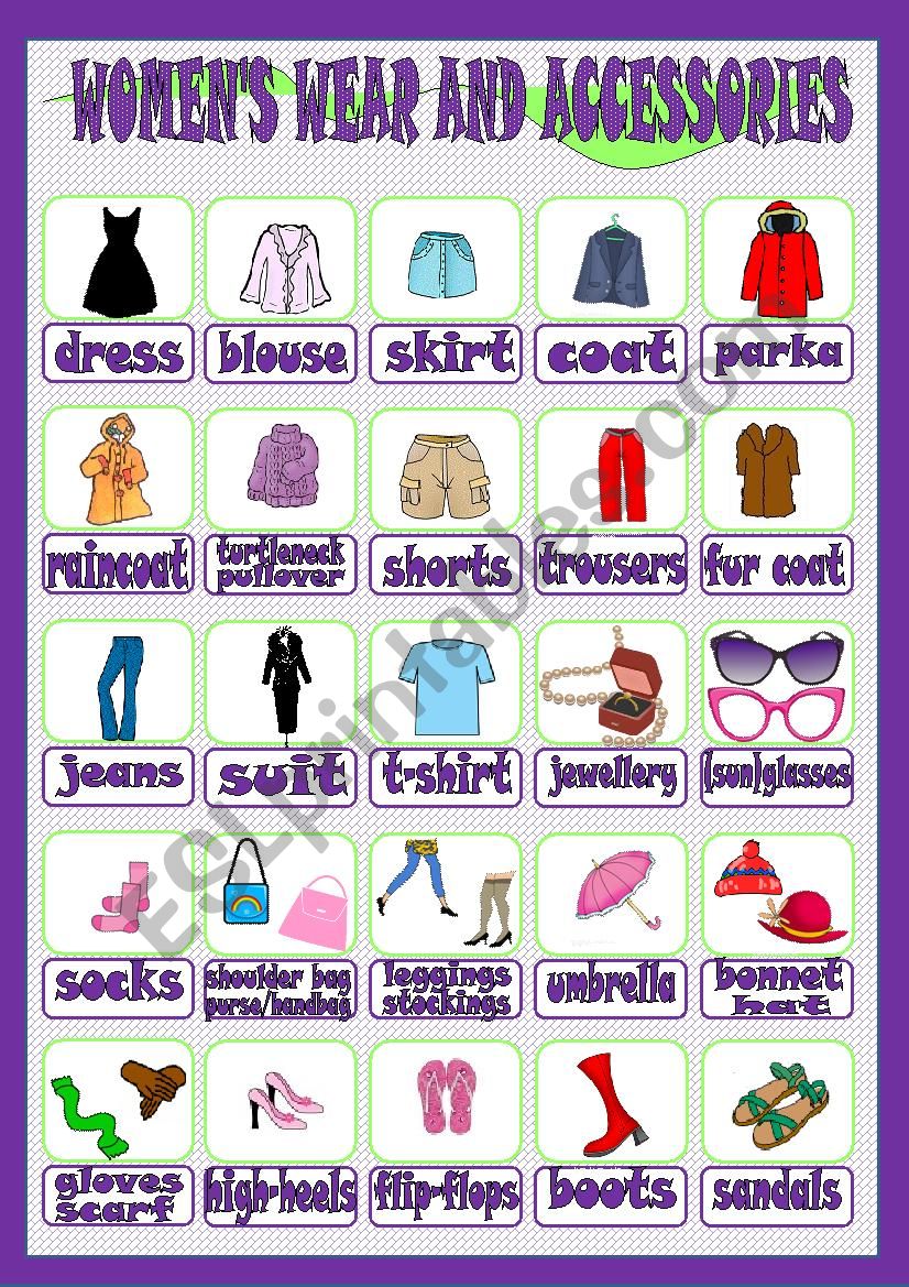 Women´s wear and accessories - ESL worksheet by Marília Gomes