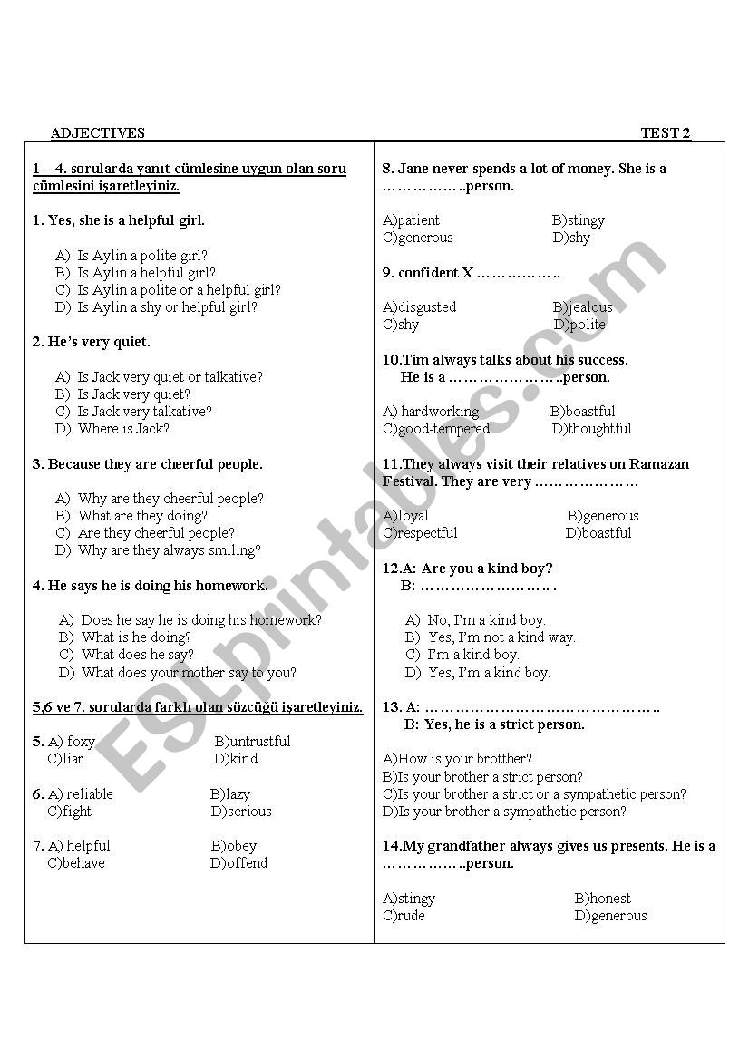 Adjectives test worksheet