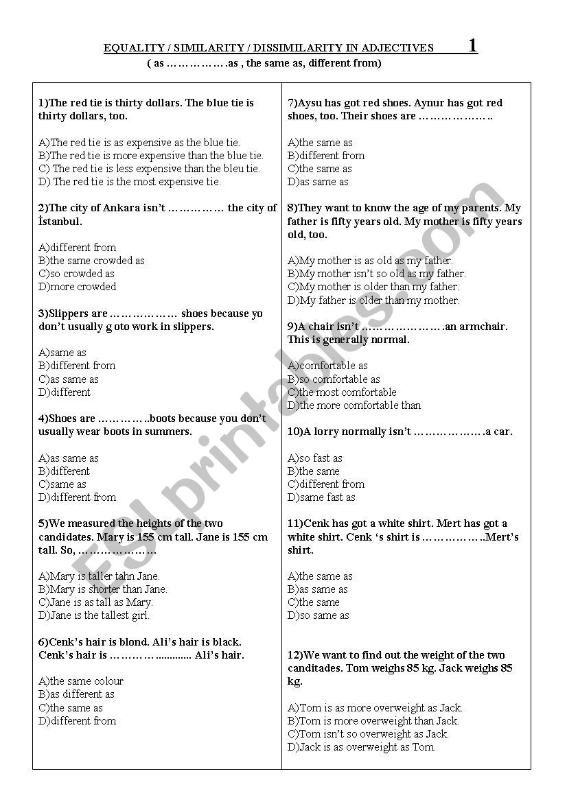 Equality in adjectives worksheet