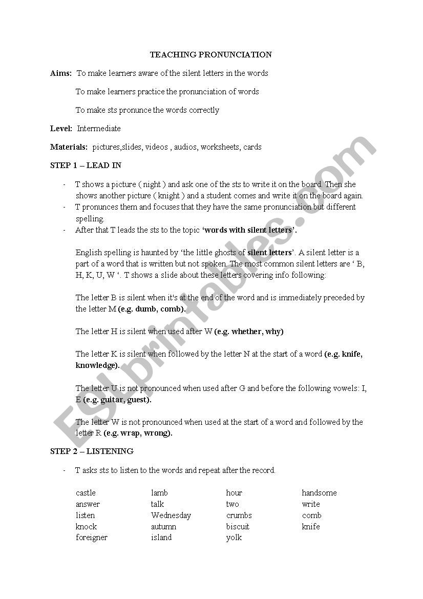 Pronunciation of sillent letters lesson plan - ESL worksheet by _zeynep_