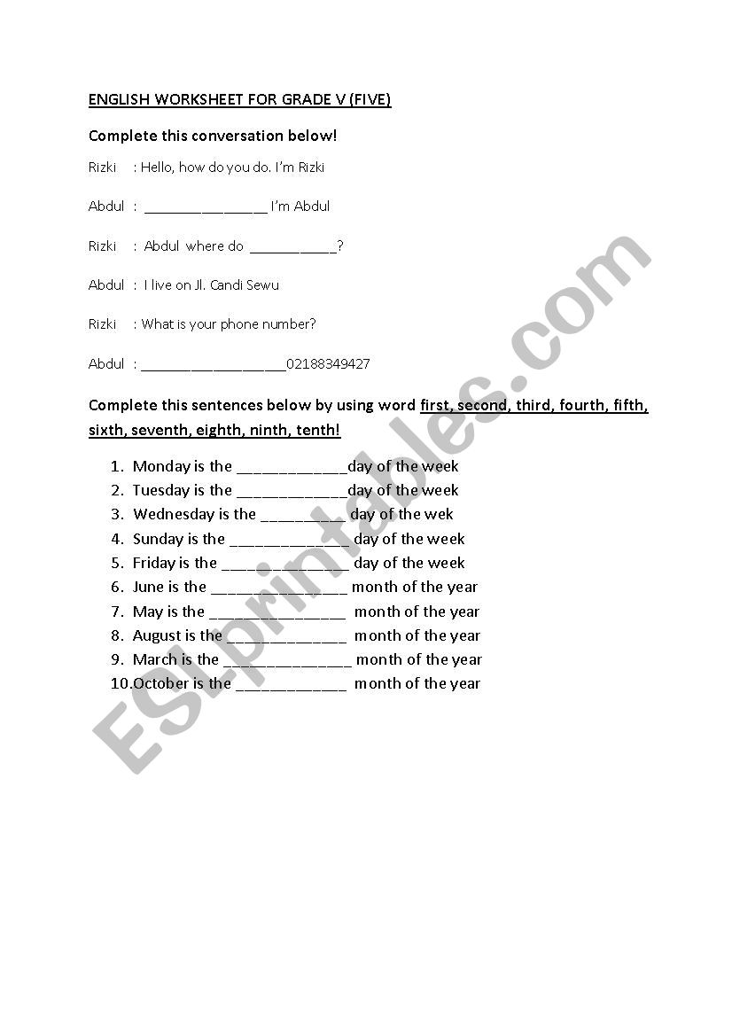 Grade 5 ESL Worksheet By Nurhikmah