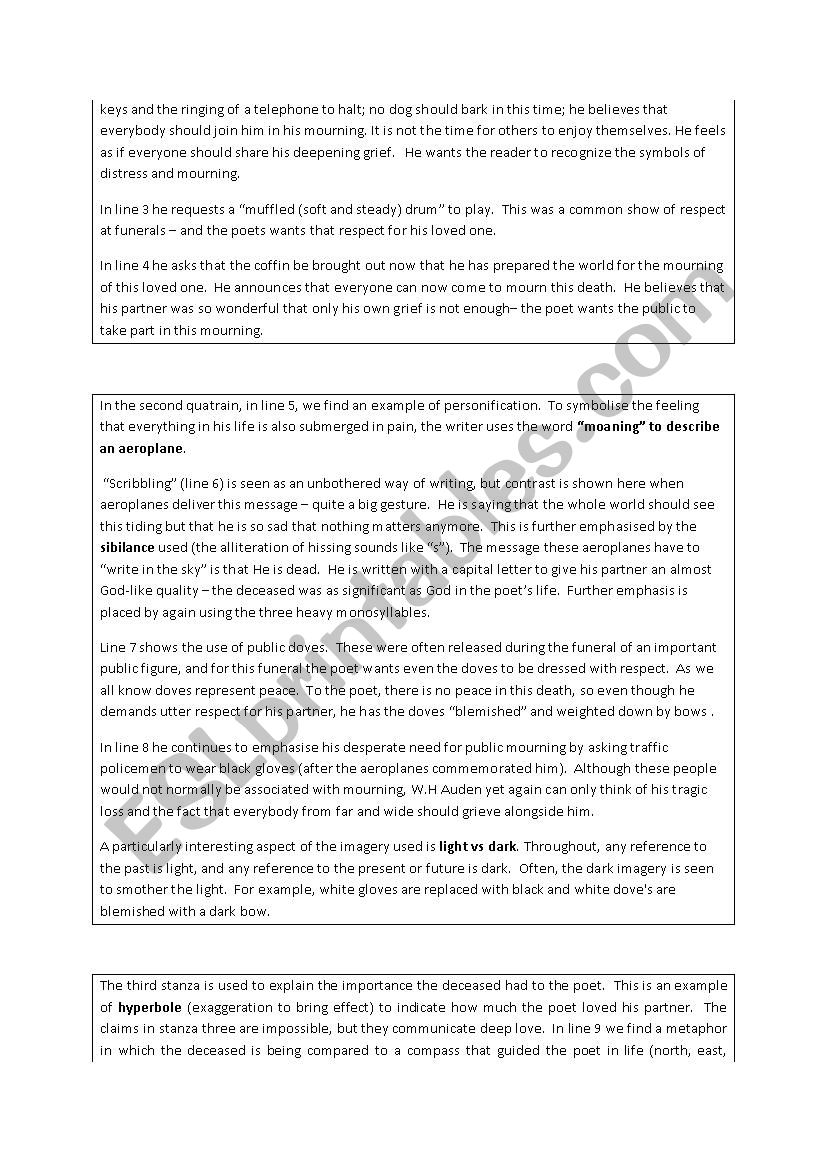 Notes Questions And Answers On Funeral Blues Esl Worksheet By