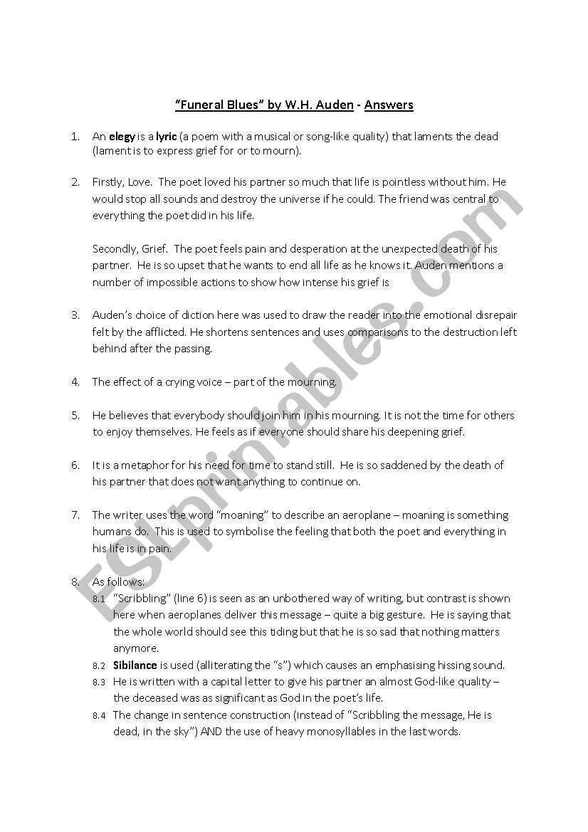 Notes Questions And Answers On Funeral Blues Esl Worksheet By