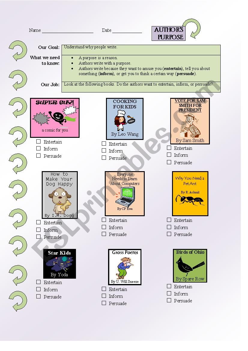 Comprehension Author S Purpose Esl Worksheet By Mvblair