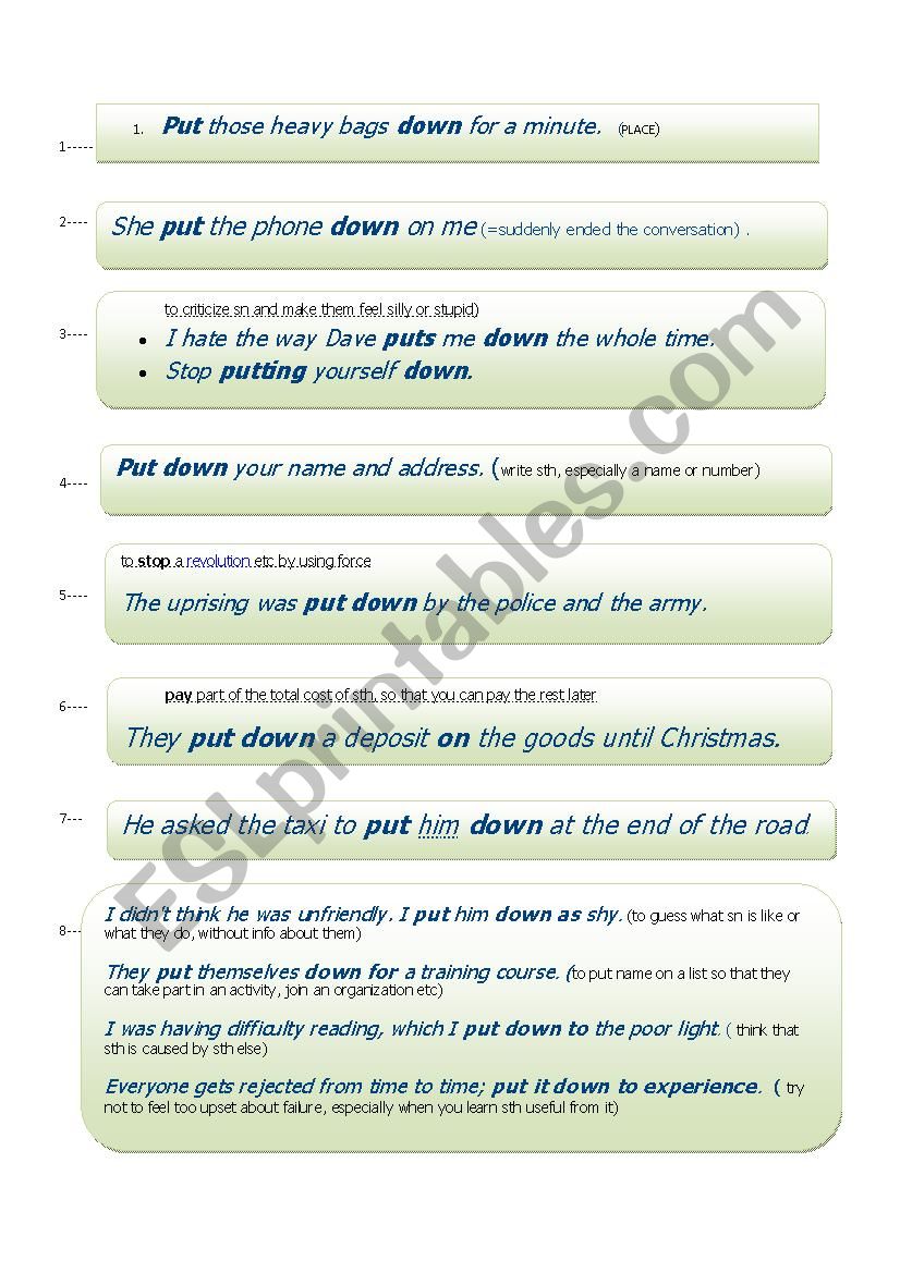 flash-card PUT DOWN  phrasal verbs