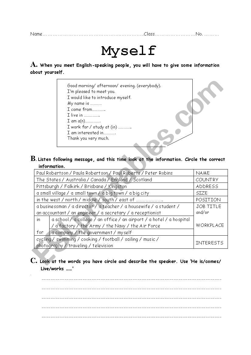 myself worksheet