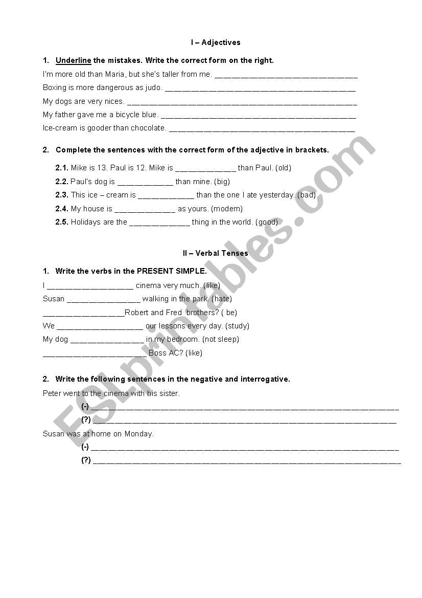 Adjectives and verb tenses worksheet