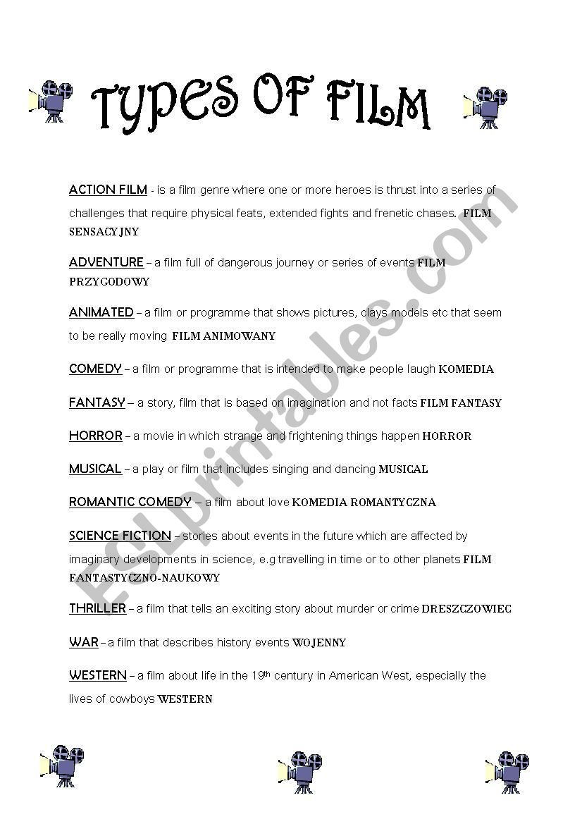 types of film worksheet